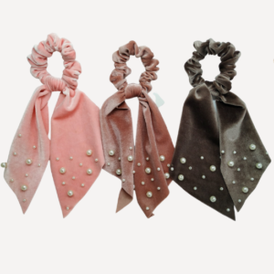 Velvet Bead Scrunchies Hair Tie with Long Bow